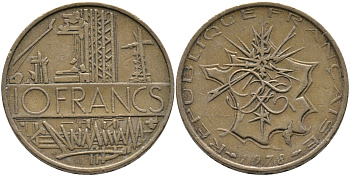Франция 10 франков 1979 тип Матье KM 940, Le Franc 365.13-14 никель латунь 97-824