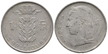 БЕЛЬГИЯ 1 ФРАНК 1952 BELGIQUE KM 142.1 медно-никель 4382-911