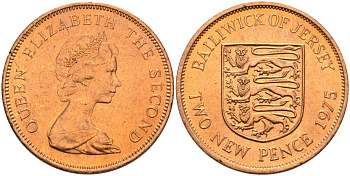 Джерси 2 пенса 1975 герб, Елизавета II (1952-2022) KM 31 бронза UNC 4367-423