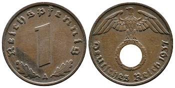 Германия 1 рейхспфенниг 1937 A KM 89, J. 361 бронза    220-224