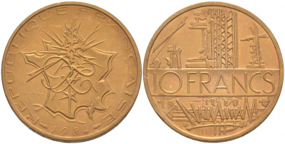 Франция 10 франков 1984 тип Матье KM 940, Le Franc 365.23-24 никель латунь 3855-732