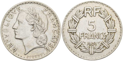 Франция 5 франков 1933 KM 888, Le Franc 336 никель 215-513