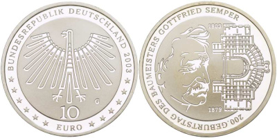 ФРГ 10 евро 2003 G, 200 лет Готфриду Земперу KM 227, DE.S. 10.11 серебро PROOF 1085-5-35