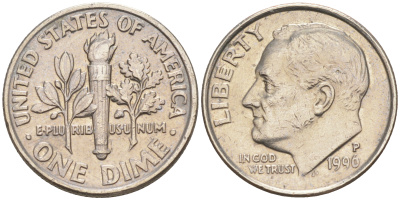 США 10 ЦЕНТОВ = 1 ДАЙМ 1996 P, РУЗВЕЛЬТ KM 195a медь плакированная медно-никелем 188-719