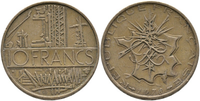 Франция 10 франков 1979 тип Матье KM 940, Le Franc 365.13-14 никель латунь 97-824