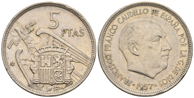 Испания 5 песет 1957 (75) Франциско Франко (1939-1975) KM 786 медно-никель 259-1156