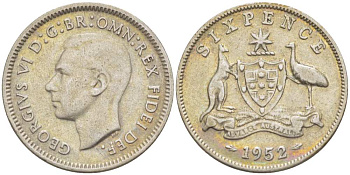 АВСТРАЛИЯ 6 ПЕНСОВ 1952 m, ГЕОРГ VI (1937-1952), ГЕРБ АВСТРАЛИИ, ПРОБА 500, ДИАМЕТР 19,4 ММ. KM 45 серебро 4516-125