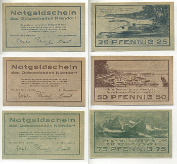 Германия, Ниндорф набор из 3 банкнот 1921 нотгельд, городские виды, полный набор Grabowski 974.1  бумага  UNC (пресс) 7555-10-1-2