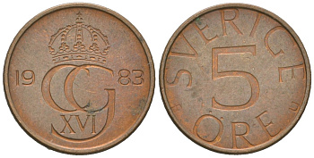 Швеция 5 эре 1983 Карл XVI Густав (1973-) KM 849 бронза 4618-116