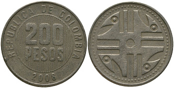 Колумбия 200 песо 2008 KM 287.4, Schon 113, Restrepo 446 никель латунь 4538-352