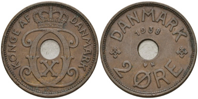Дания 2 эре 1938 Кристиан X (1912-1947) KM 827 бронза 4147-534