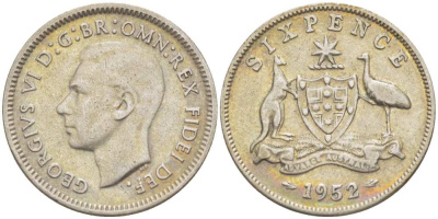 АВСТРАЛИЯ 6 ПЕНСОВ 1952 m, ГЕОРГ VI (1937-1952), ГЕРБ АВСТРАЛИИ, ПРОБА 500, ДИАМЕТР 19,4 ММ. KM 45 серебро 4516-125