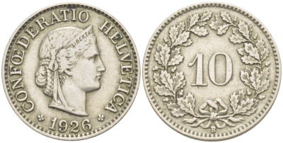 ШВЕЙЦАРИЯ 10 РАППЕНОВ 1926 В KM 27 медно-никель 216-944