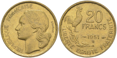 Франция 20 франков 1951 В, петух, 4 ПЕРА KM 917.2, Le Frank 402.8 алюминиевая бронза 4519-637