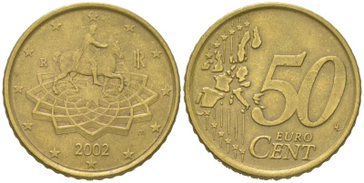 Италия 50 евроцентов 2002 R, Конная статуя Марка Аврелия KM 215 нордик 4538-835