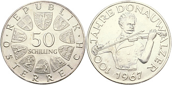Австрия 50 шиллингов 1967 100 лет Дунайскому вальсу KM 2902 серебро UNC 04-322-41