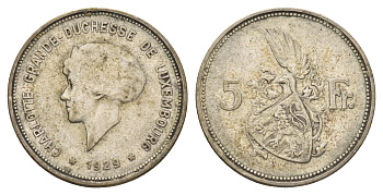 Люксембург 5 франков 1929 Шарлотта (1918-1964) KM 38 серебро 4670-1047