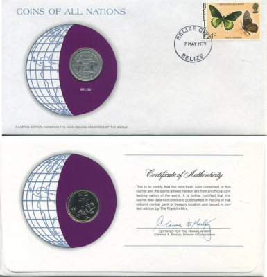 БЕЛИЗ 25 ЦЕНТОВ 1979 монета в конверте с маркой и спецгашением UNC 4294-2-2