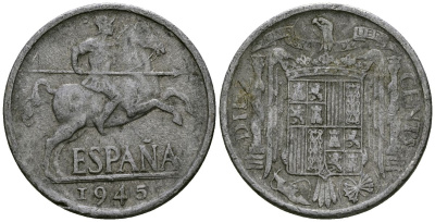 Испания 10 сентимо 1945 рыцарь на коне KM 766 алюминий 4577-413