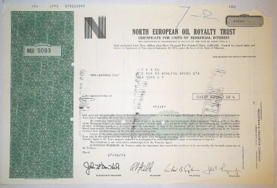 США, NORTH EUROPEAN OIL ROYALTY TRUST 5 акций 1976 бумага 8805-43-1
