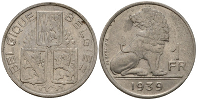 Бельгия 1 франк 1939 Belgique - Belgie KM 119 никель 4603-1225