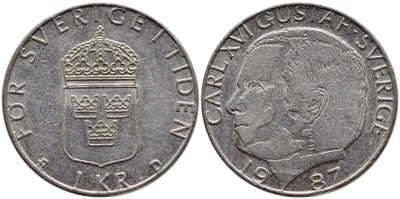 Швеция 1 крона 1987 Карл XVI Густав (1973- ) KM 852a медно-никель 4397-1156