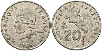 Французская Новая Каледония 20 франков 1986 три быка, (IEOM) KM 12, Schoen 14, Lec 112 никель 72-114