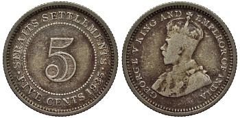 Стрейтс-Сетлментс 5 центов 1935 Георг V (1910-1936) КМ 36 серебро 53-565