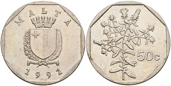Мальта 50 центов 1991 девясил KM 98 медно-никель 3336-945