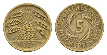 Германия 5 рейхспфеннигов 1935 A KM 39, J. 316 алюминиевая бронза 4674-1044