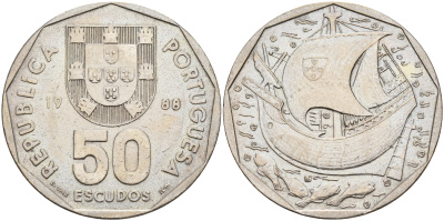 Португалия 50 эскудо 1988 парусник KM 636 медно-никель    4157-735