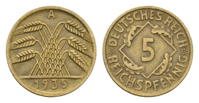 Германия 5 рейхспфеннигов 1935 A KM 39, J. 316 алюминиевая бронза 4674-1044