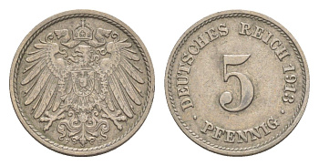 Германия 5 пфеннигов 1913 F, Вильгельм II (1888-1918) KM 11, J. 12 медно-никель 4640-147