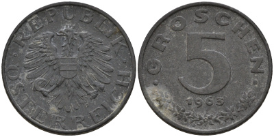 Австрия 5 грошей 1963  KM 2875 цинк    4152-1119
