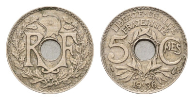 Франция 5 сантимов 1936 KM 875 медно-никель 4651-856