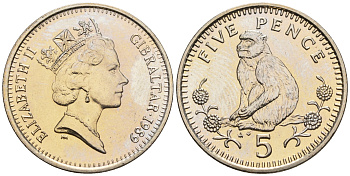 Гибралтар 5 пенсов 1989 АВ обезьяна KM 22 медно-никель UNC 87-616