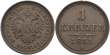 Австрия 1 крейцер 1851 A, Франц Иосиф I (1848-1916) KM 2185 медь 87-611