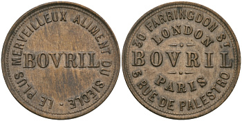 АНГЛИЯ ЖЕТОН, ТОКЕН ND BOVRIL, КОМПАНИЯ, ЛОНДОН-ПАРИЖ, В 50 РАЗ БОЛЬШЕ МЯСА, РЕКЛАМНЫЙ ТОКЕН КОНЦЕНТРАТА МЯСНОГО БУЛЬОНА, ДИАМЕТР 21,5 ММ. бронза 98-822