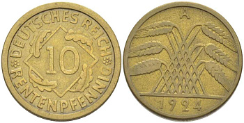 ГЕРМАНИЯ 10 РЕНTЕНПФЕННИГОВ 1924 A KM 33, J. 309, Weege 8 алюминиевая бронза 210-322