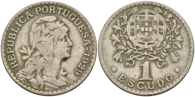 ПОРТУГАЛИЯ 1 ЭСКУДО 1929 ГОЛОВА СВОБОДЫ ВПРАВО KM 578 медно-никель 4563-1017