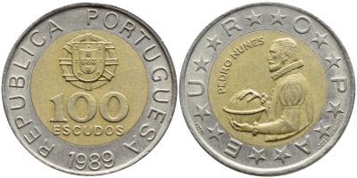 Португалия 100 эскудо 1989 Педру Нуниш (1502-1578), математик KM 645.1 биметалл 4395-947