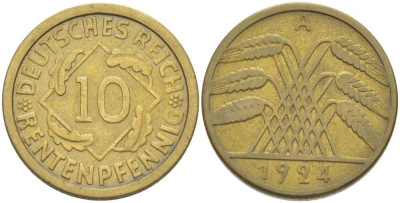 ГЕРМАНИЯ 10 РЕНTЕНПФЕННИГОВ 1924 A KM 33, J. 309, Weege 8 алюминиевая бронза 210-322