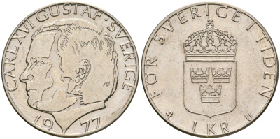Швеция 1 крона 1977 Карл XVI Густав (1973- ) KM 852 медь плакированная медно-никелем 4364-3441