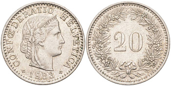 ШВЕЙЦАРИЯ 20 РАППЕНОВ 1983 KM 29a медно-никель 55-1014