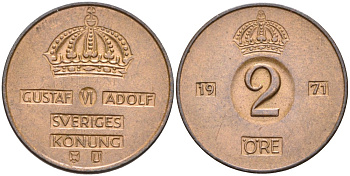 Швеция 2 эре 1971 U, Густав VI Адольф (1950-1973) KM 821 бронза 4364-1435