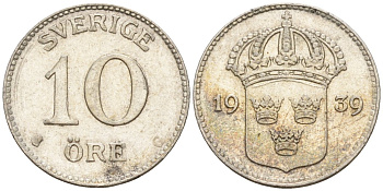 Швеция 10 эре 1939 G, Густав V (1907-1950) KM 780 серебро 4147-842