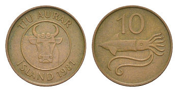 Исландия 10 эйре 1981 кальмар KM 25 бронза 4632-434