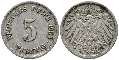 ГЕРМАНИЯ 5 ПФЕННИГОВ 1904 G KM 11, J. 12 медно-никель 39-814