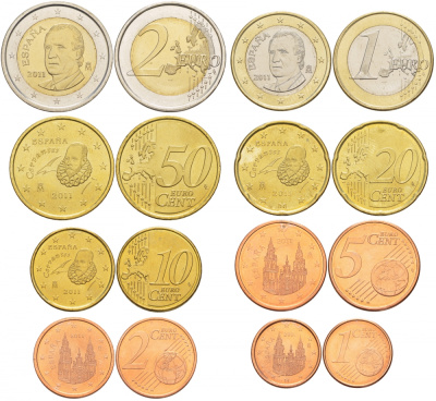 Испания евронабор из 8 монет 2011 1, 2, 5, 10, 20, 50 евроцентов, 1 и 2 евро KM 1040, 1041, 1042, 1070, 1071, 1072, 1073, 1074 4685-321-327