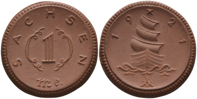 Саксония 1 марка 1921 парусник J. N 55 фарфор 1094-3-21